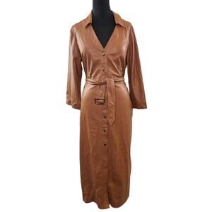 ZARA Brown Shirt Dress Faux Leather Belted Split Collar Front Button Sz XL NWOT